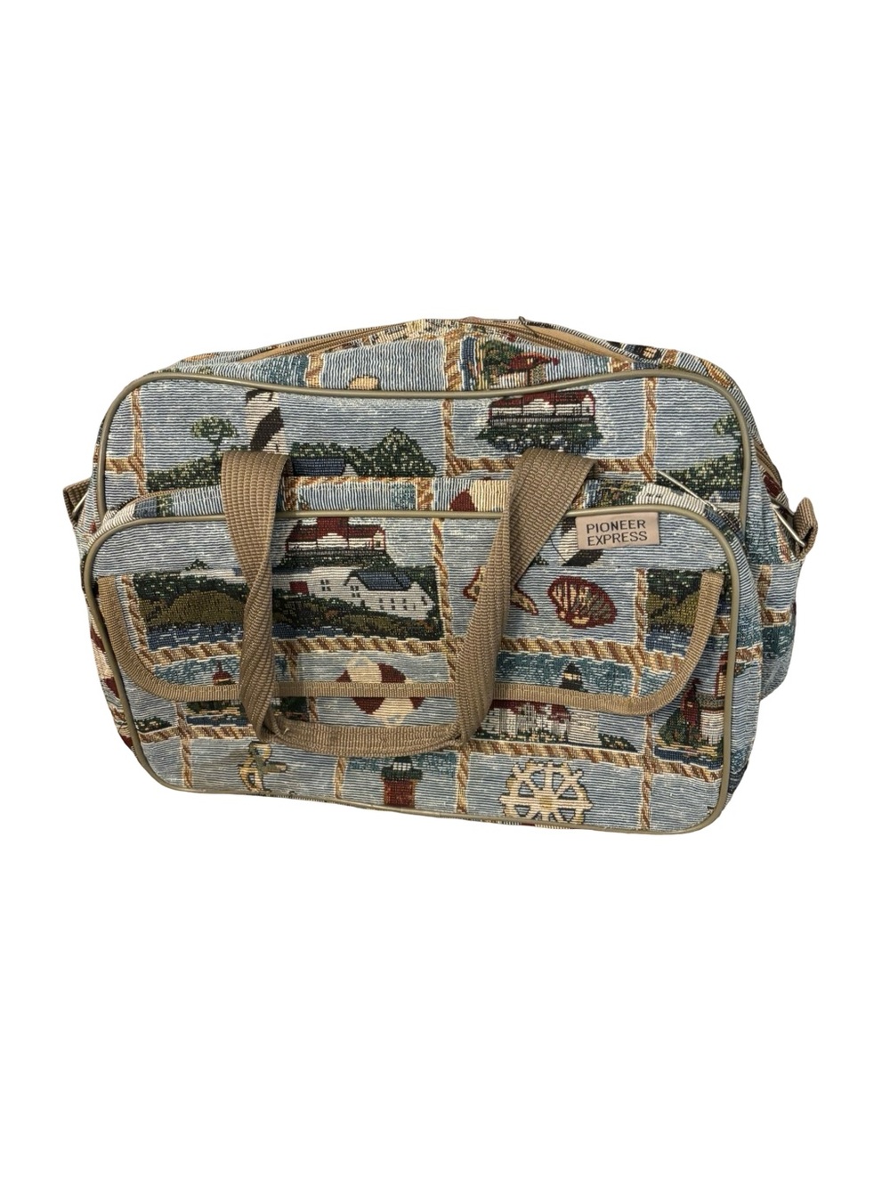 Pioneer Express Vintage 90’s Coastal Tapestry Duffel Carry On Bag in Blue & Tan